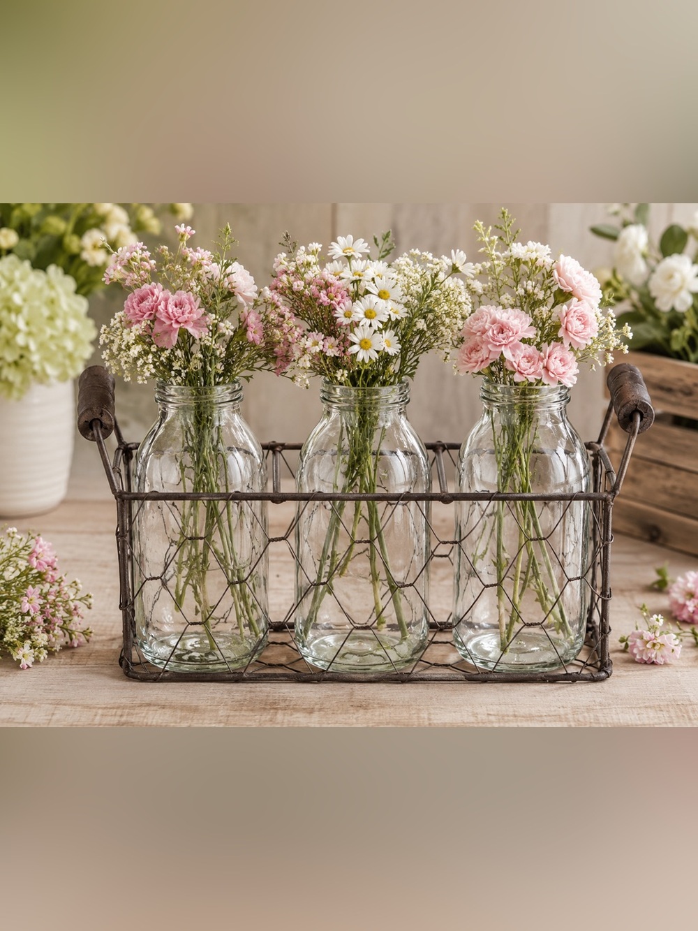 Rustic Farmhouse Succulent Centerpiece | 3 Glass Bottles in Wire Caddy - Picture 2 of 3